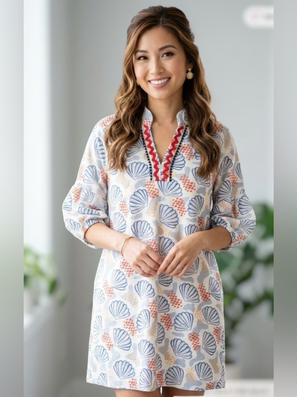 THML Seashell Print V-Neck Bell Sleeve Tunic Lined Dress, Womens size Large